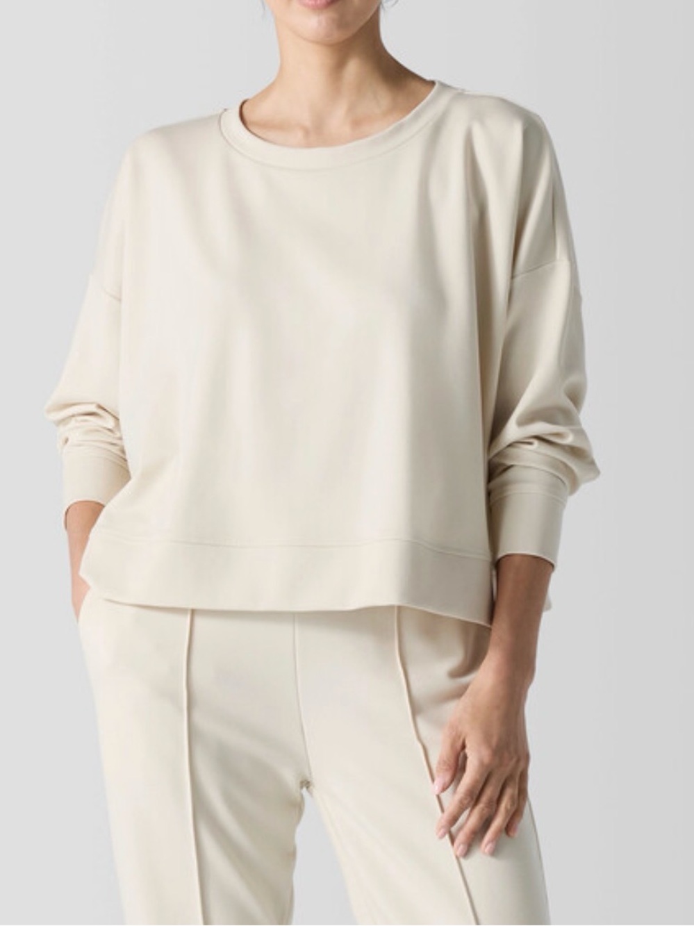 EILEEN FISHER lightweight ponte round neck top in almond Large